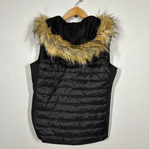 Bodilove Full Zip Quilted Puffer Vest Black Tan Faux Fur Trim Gold Casual - L - Picture 3 of 7